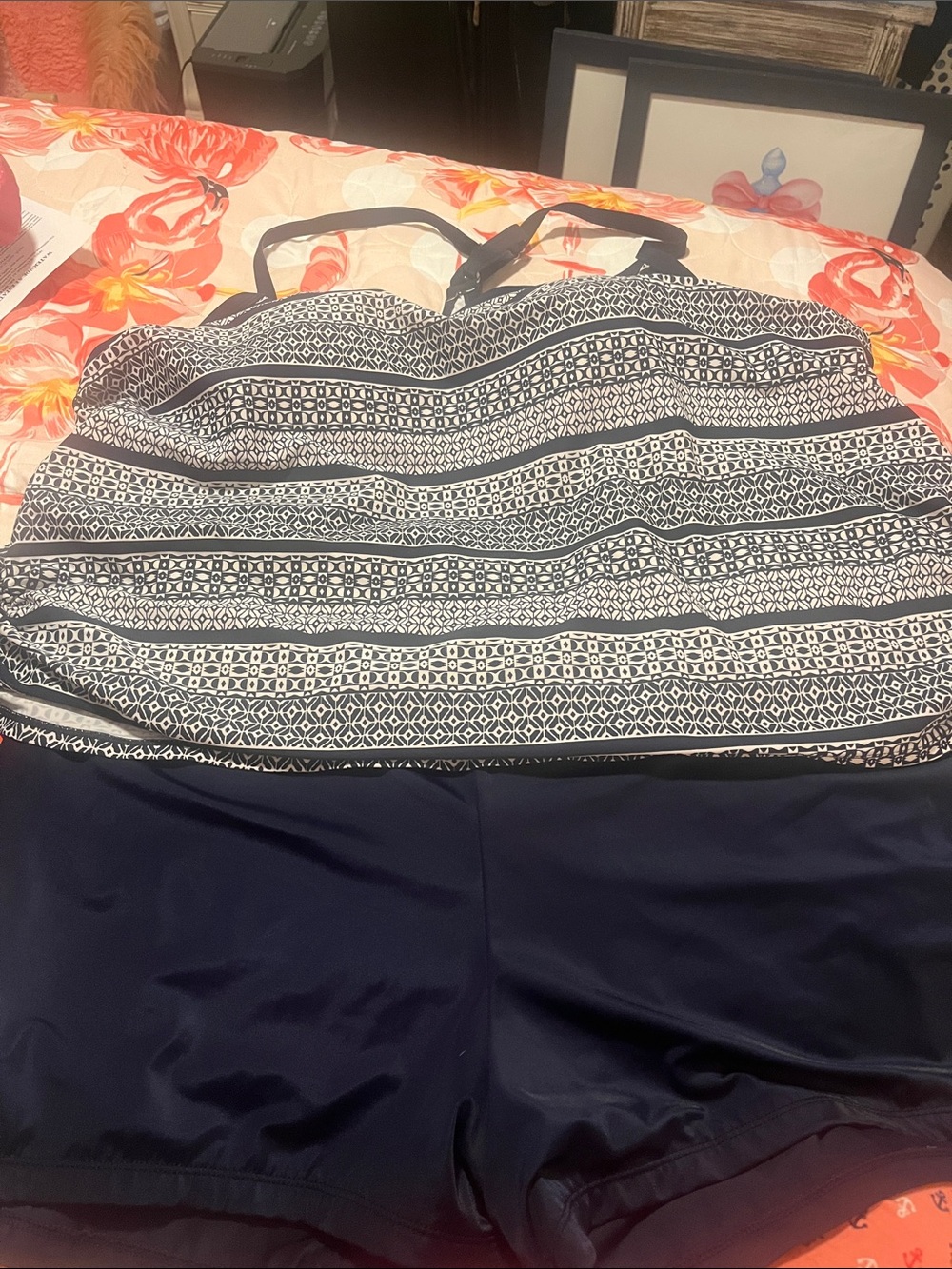 Navy and white Patterned Tankini Top with Navy Swim Shorts - Women Swim